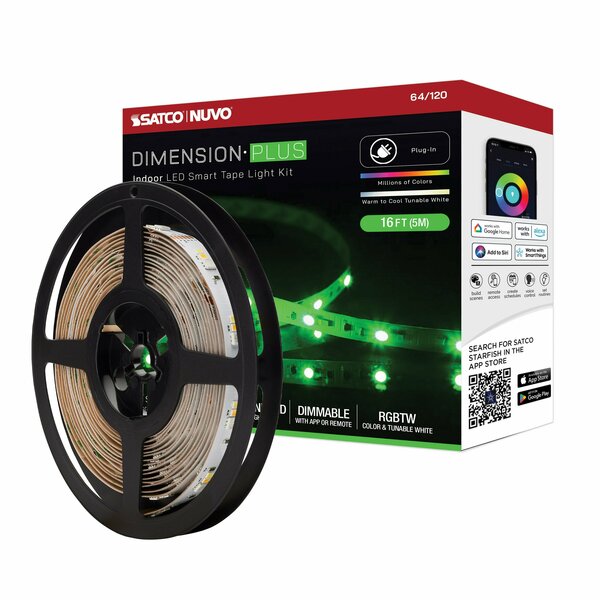 Nuvo Dimension Plus Tape Light Strip 16 ft. RGB + Tunable White Plug - Starfish IOT Capable - IR Remote 64/120